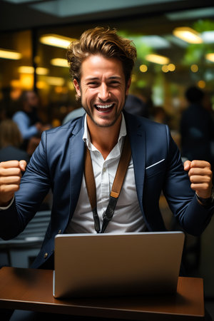 Man in suit and tie is smiling and holding laptop. Generative AI.の素材