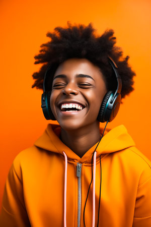 Woman with headphones on smiling and wearing yellow sweatshirt. Generative AI.の素材
