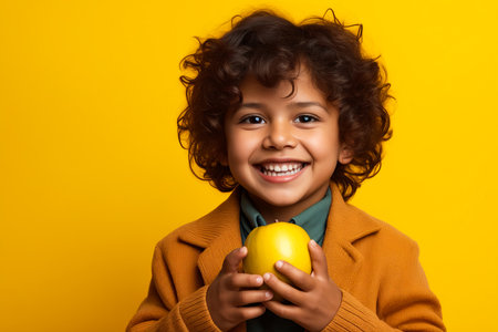 Young girl holding orange in her hands and smiling at the camera. Generative AI.の素材