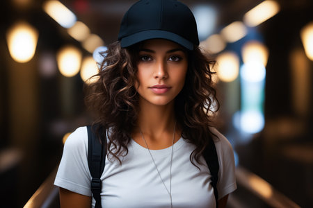 Woman with backpack and baseball cap on her head. Generative AI.の素材
