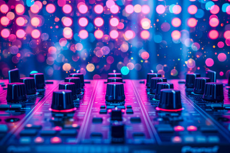 DJ mixer board with colorful lights behind it. Generative AI.の素材