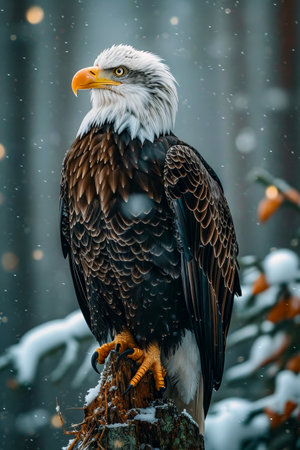 Close up of eagle in snowy conditions. Generative AI.の素材