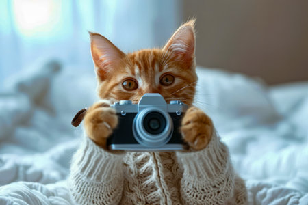 Kitten with camera holding by its paws in front of it and behind it there is bed with white sheets. Generative AI.の素材