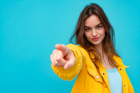 Woman in yellow jacket pointing her finger. Generative AI.の素材