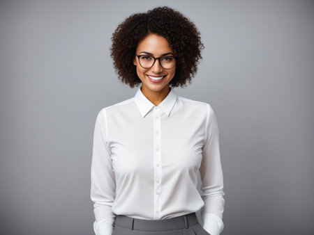 A woman with a white shirt and gray pants is smiling. She is wearing glasses and has a nice, professional lookの素材
