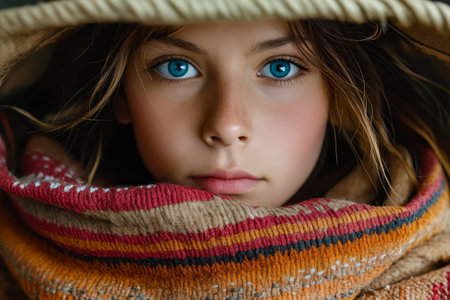 Girl with beautiful blue eyes is partially covered by scarf. Generative AI.の素材