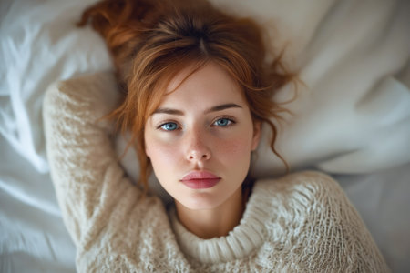 Woman with red hair and blue eyes lies down with her head turned to the side. Generative AI.の素材