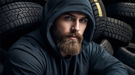A man with a beard and a hoodie is posing in front of a pile of tires. Concept of ruggedness and toughness, as the man is a mechanic or a worker in the tire industryの素材