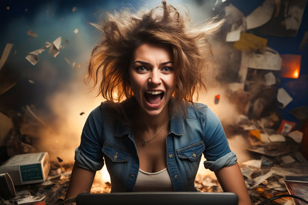 Woman with laptop in her hands and lot of debris around her. Generative AI.の素材