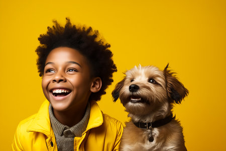 Young boy and dog are smiling for the camera while standing in front of yellow background. Generative AI.の素材