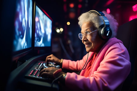Woman wearing headphones and using computer keyboard and mouse. Generative AI.の素材