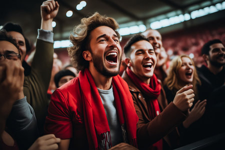 Group of people in stadium cheering and laughing with their hands up. Generative AI.の素材