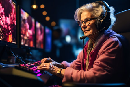 Woman wearing headphones and using computer keyboard in dark room. Generative AI.の素材