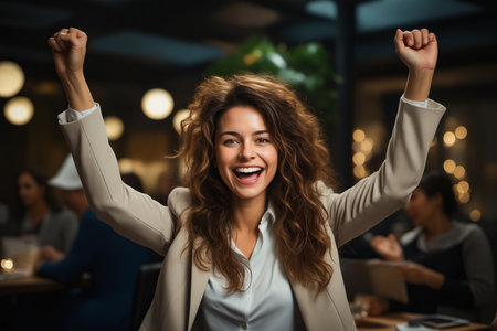 Woman with her arms up in the air and smiling at the camera. Generative AI.の素材