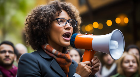 Woman with glasses holding megaphone and yelling into it. Generative AI.の素材