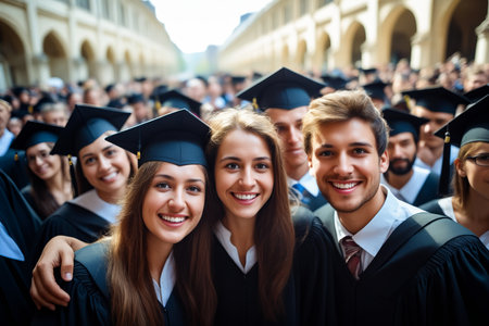 Group of people in graduation gowns posing for picture. Generative AI.の素材