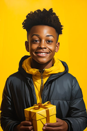 Young man with gift wrapped in yellow ribbon smiles. Generative AI.の素材