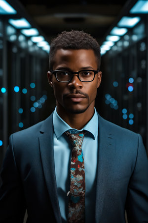 Man wearing glasses and suit with tie and blue shirt. Generative AI.の素材