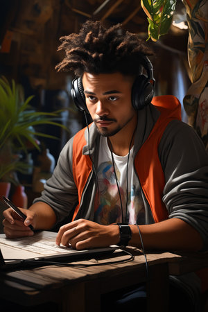 Man with headphones on sitting at desk with laptop. Generative AI.の素材