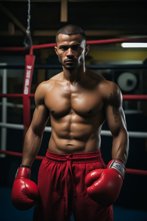 Man with red boxing glove standing in boxing ring. Generative AI.の素材