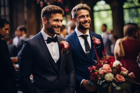 Two men in suits are smiling at the camera while one holds bouquet. Generative AI.の素材
