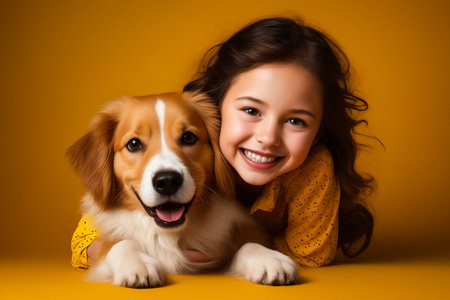 Girl and dog posing for picture together on yellow background. Generative AI.の素材