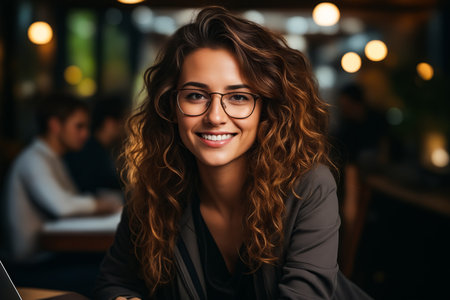 Woman with glasses smiling at the camera with a smile on her face. Generative AI.の素材