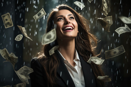 Woman is smiling while she is surrounded by money falling from her jacket. Generative AI.の素材