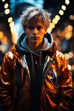 Young man in shiny jacket looks at the camera with blurry background. Generative AI.の素材