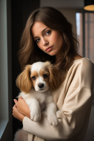 Woman holding small dog in her arms and looking at the camera. Generative AI.の素材