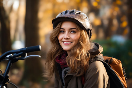 Woman with helmet on is smiling for the camera while standing next to bike. Generative AI.の素材