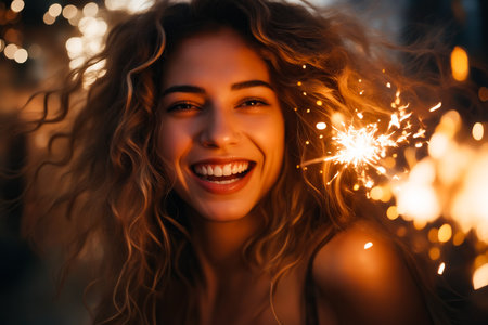 Woman smiling and holding sparkler in her hand while she is smiling. Generative AI.の素材