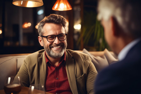 Man with beard and glasses sitting at table. Generative AI.の素材