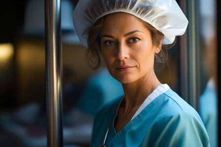 Woman in scrubs and white hat is smiling. Generative AI.の素材