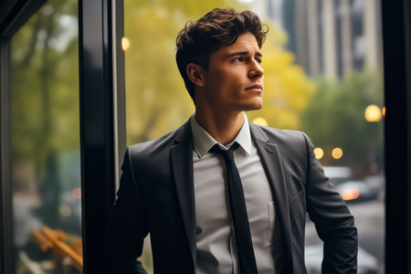 Man in suit and tie looking out window. Generative AI.の素材