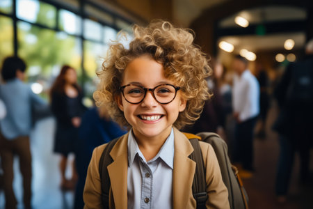 Young girl with glasses smiling for the camera in school hallway. Generative AI.の素材