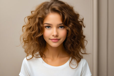 Woman with white shirt and brown hair is posing for picture. Generative AI.の素材