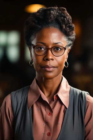 Woman with glasses and brown shirt is looking at the camera. Generative AI.の素材