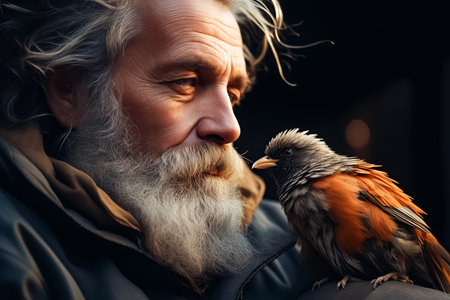 Man with beard and bird on his arm. Generative AI.の素材