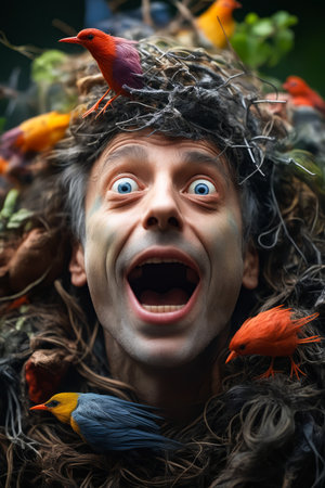 Man with bird on his head and bird on his head. Generative AI.の素材