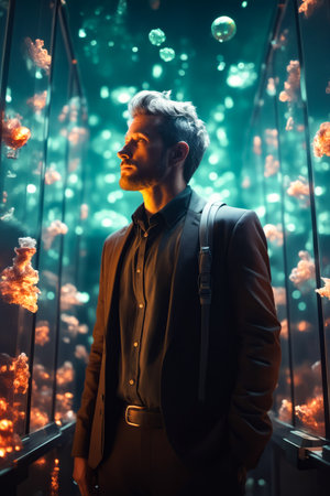 Man standing in front of wall of lights with backpack on. Generative AI.の素材