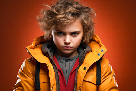 Young girl with yellow jacket and red shirt. Generative AI.の素材