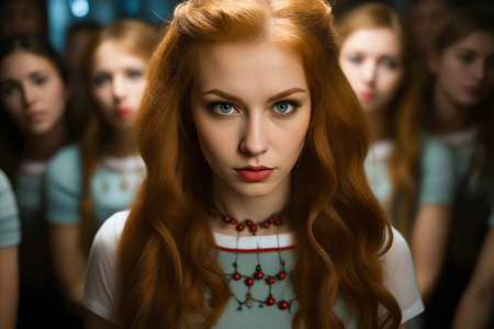 Woman with long red hair and necklace on her neck. Generative AI.の素材