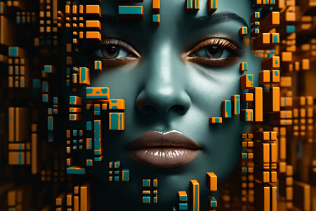 Woman with blue and orange makeup and city background. Generative AI.の素材