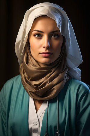 Woman with scarf on her head and stethoscope. Generative AI.の素材