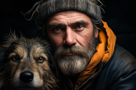 Man with beard and hat holding dog. Generative AI.の素材