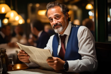 Man in vest and tie reading newspaper at table. Generative AI.の素材