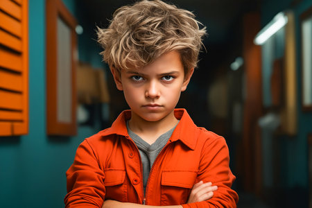 Young boy with his arms crossed in the hallway with mirror in the background. Generative AI.の素材