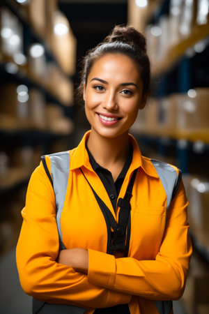Woman in warehouse with smile on her face. Generative AI.の素材