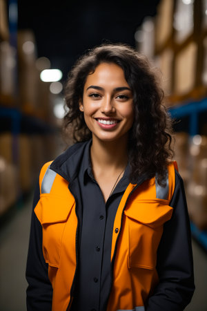 Woman in warehouse smiling for the camera with warehouse in the background. Generative AI.の素材